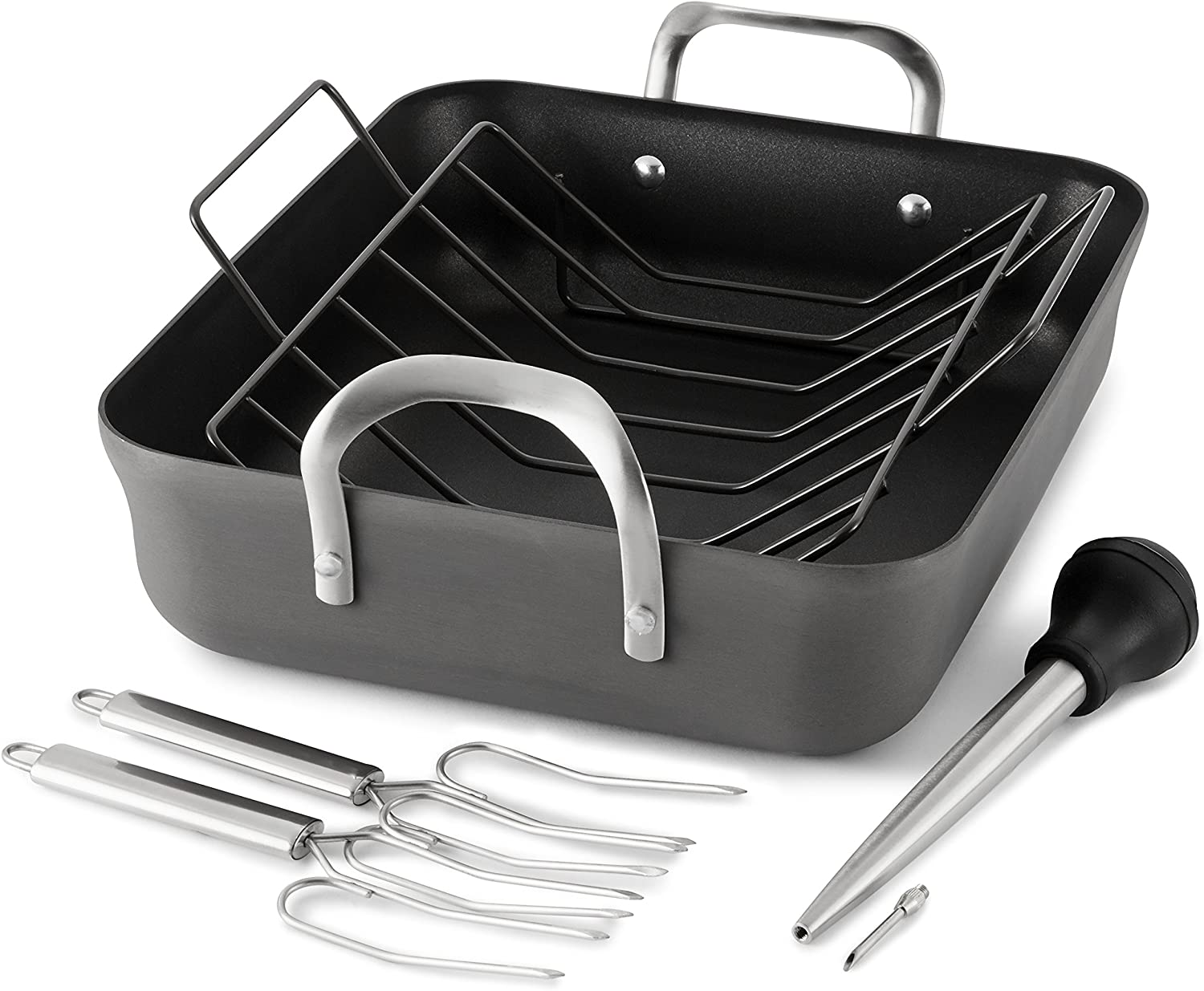 Roll over image to zoom in   Calphalon Contemporary Hard Anodized Nonstick 16-Inch Roasting Pan with Rack 5 pc. Set 1876985