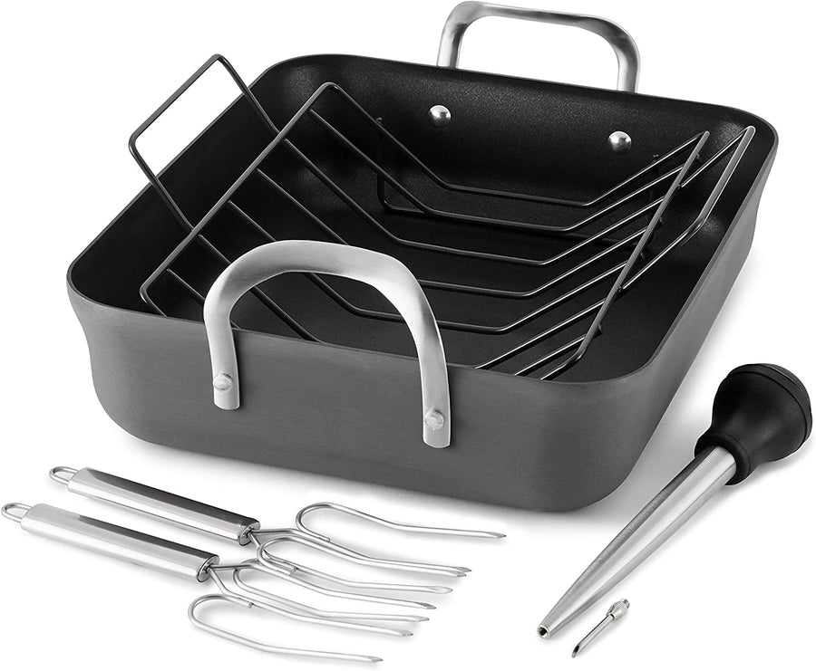 Roll over image to zoom in   Calphalon Contemporary Hard Anodized Nonstick 16-Inch Roasting Pan with Rack 5 pc. Set 1876985