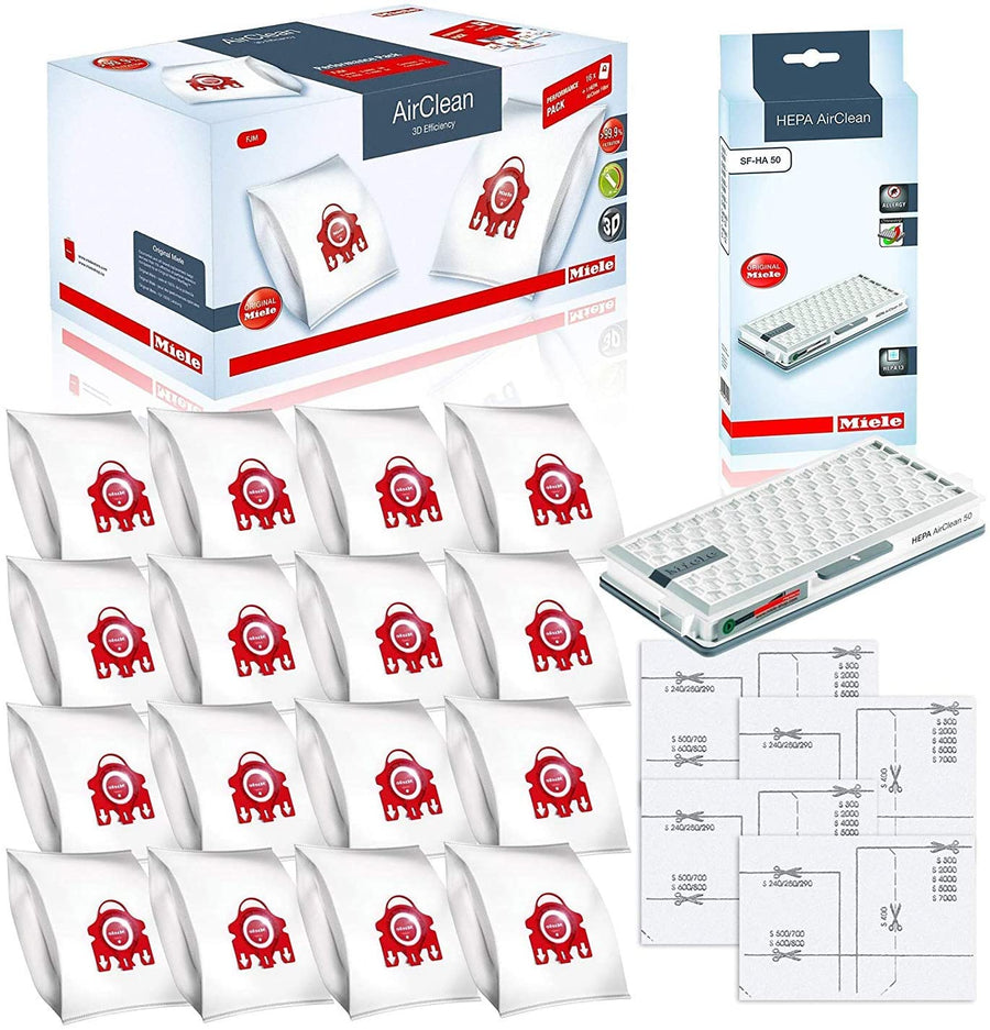 Miele Performance Pack 16 Type FJM AirClean 3D Efficiency Genuine FilterBags + Genuine AH50 HEPA Filter + 4 Genuine Pre-Motor Protection Filters