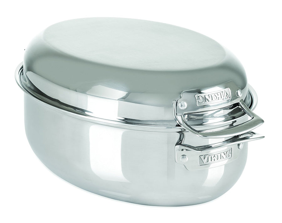 Viking 3-Ply Stainless Steel Oval Roaster with Metal Induction Lid and Rack, 8.5 Quart